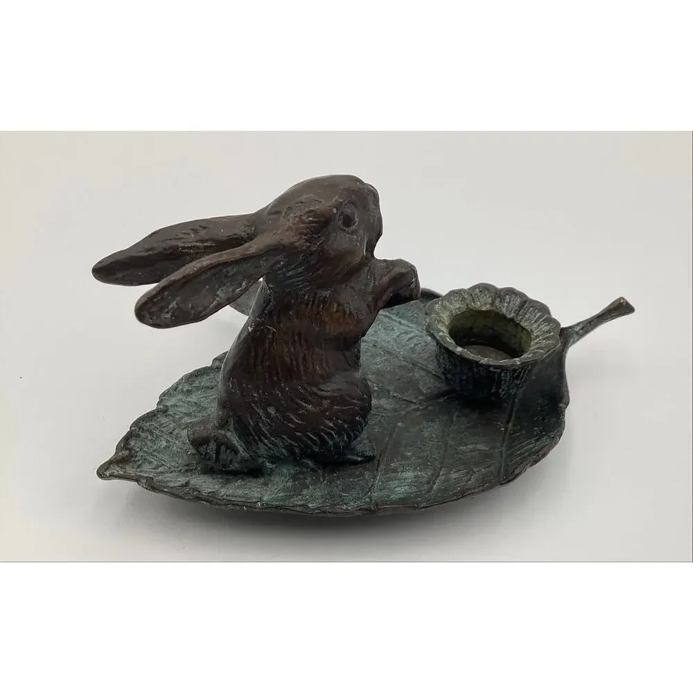 Vintage Bronze Bunny Rabbit Paddling Leaf Candle Holder Verdigris Patina